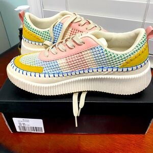 Nicole Miller multicolor suede, weaved sneakers size 9.